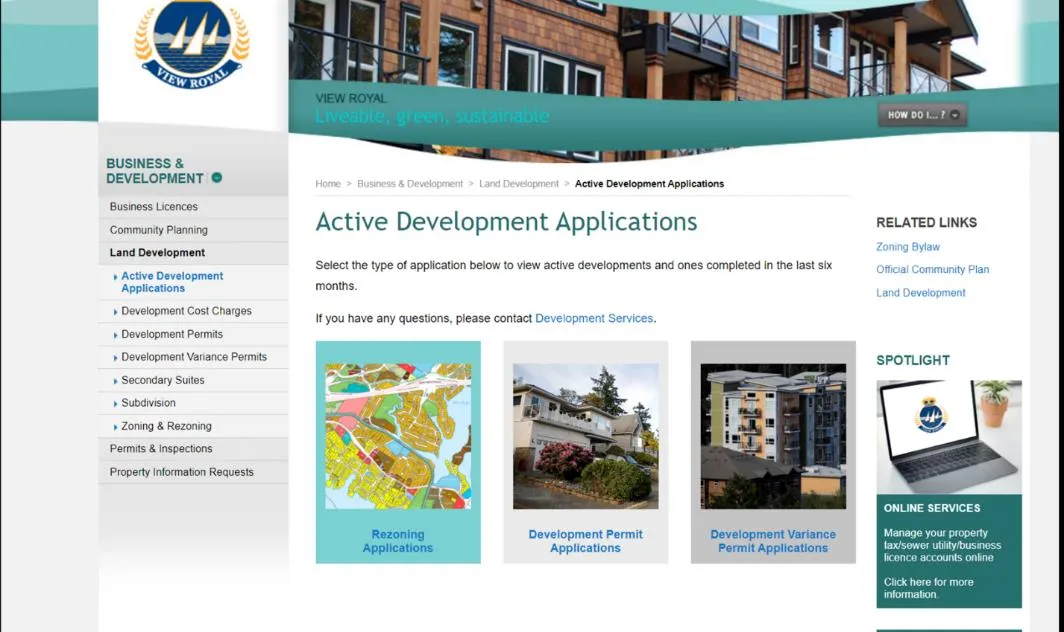 Screenshot of the "Active Development Applications" webpage on the Town of View Royal website