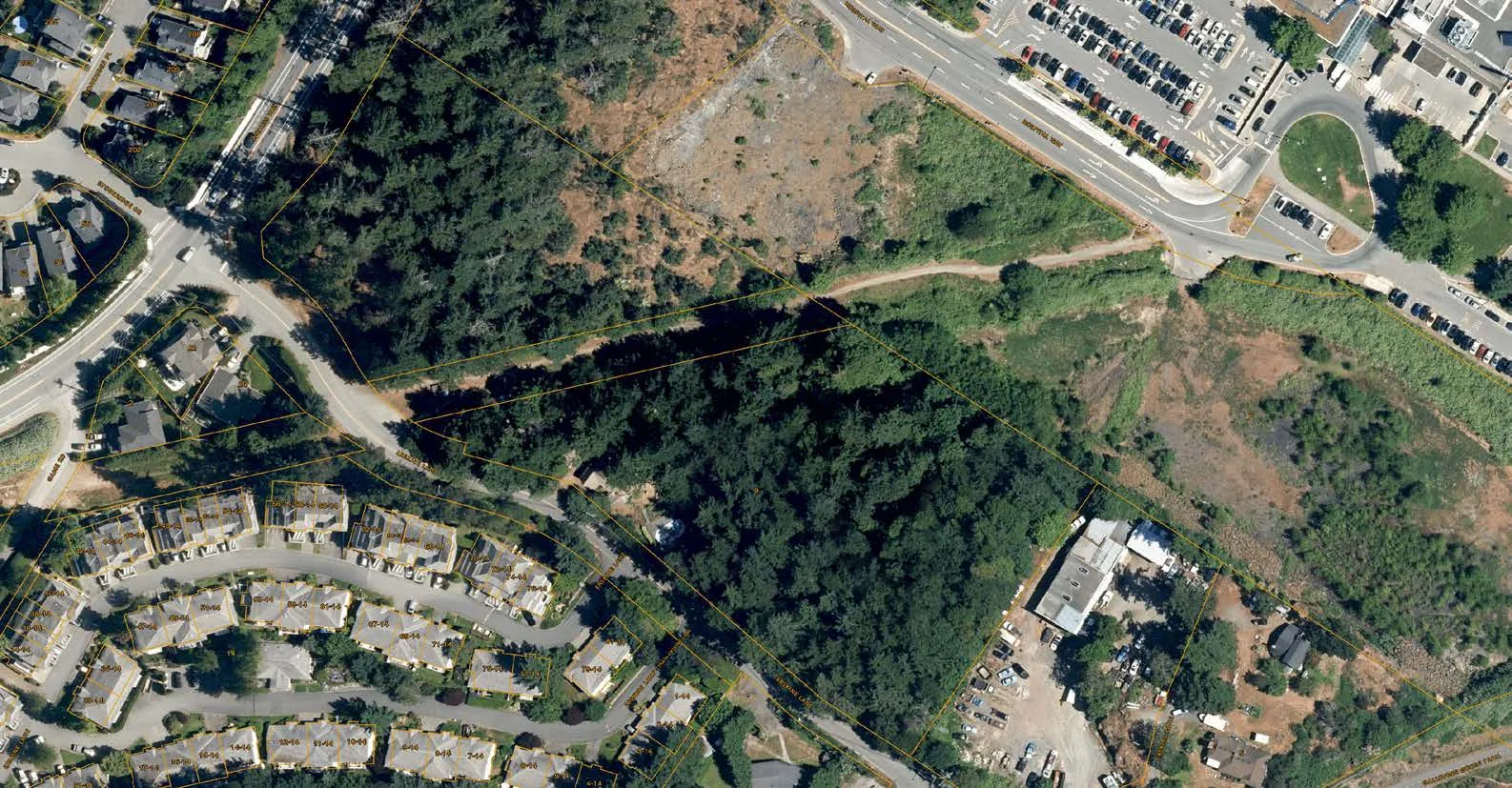 Aerial orthophoto of the subject property at 9 Erskine Lane and its surroundings, featuring property boundary overlays, residential developments, a parking lot, and forested areas.