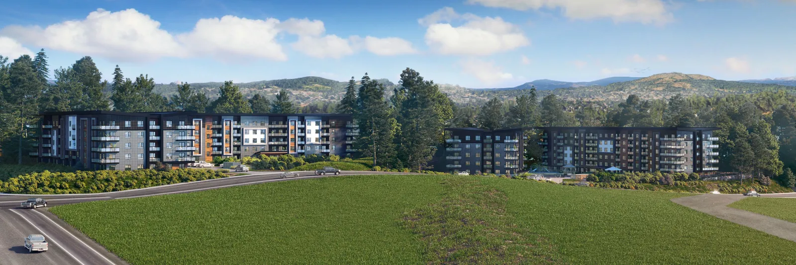Overall aerial rendering of the multifamily development