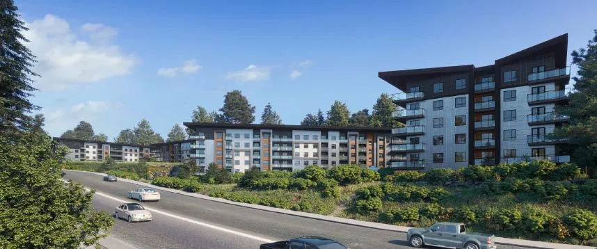 Wide architectural rendering showing multiple buildings and site context