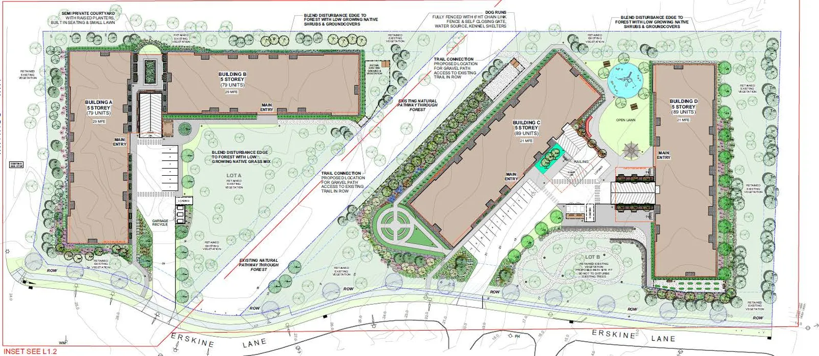 Detailed landscape site plan showing building footprints and planting areas