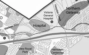 Neighborhood map identifying Victoria General Hospital, Hospital Creek, and the Northern Gateway corridor