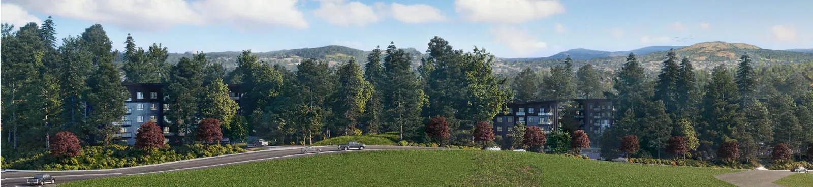 Panoramic rendering of the application showing trees and landscaping