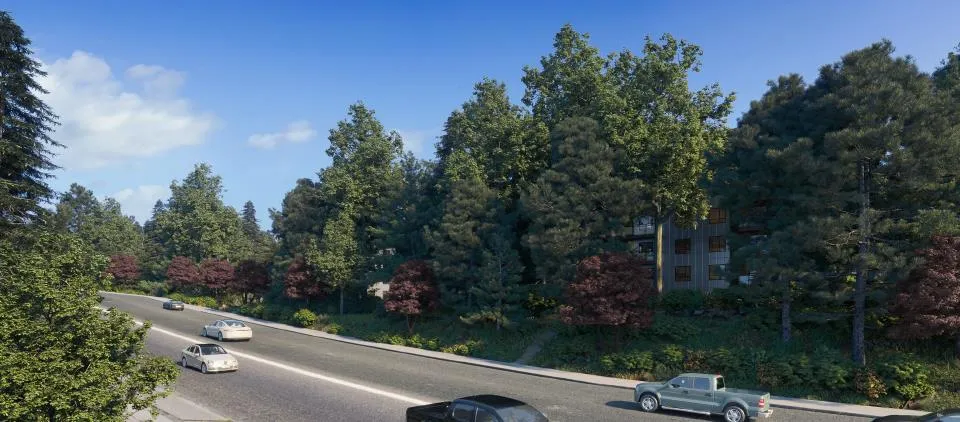 Roadside rendering with trees and landscaping