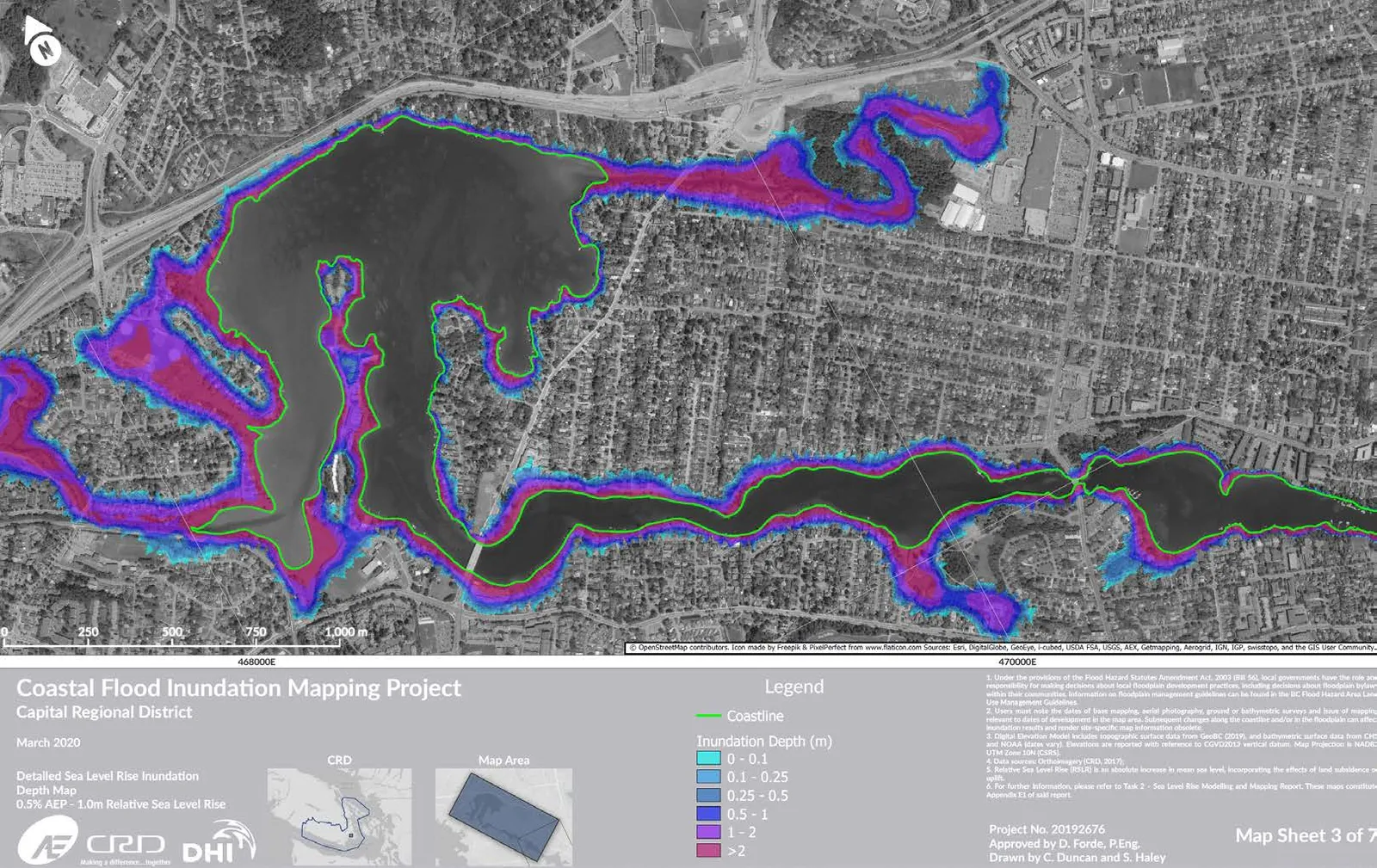Detailed Sea Level Rise Inundation Depth Map of Portage Inlet area showing 0.5% AEP - 1.0m Relative Sea Level Rise