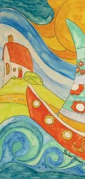 Painting of a red boat on stylized blue waves with a small house in the background