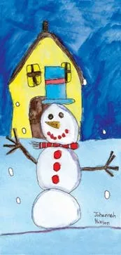 Child's painting of a snowman and a yellow house