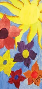 Child's painting of colorful flowers and a yellow sun