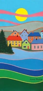 Painting of several colorful houses along a waterfront under a large sun