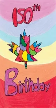 Community art panel featuring a multicolored maple leaf and the text "150th Birthday"