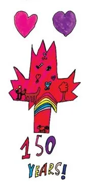 Community art panel featuring a red maple leaf, purple and pink hearts, a rainbow, and the text "150 YEARS!"