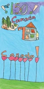 Community art panel featuring child's drawings of a house, trees, and flowers with the text "150! Canada Canada!"