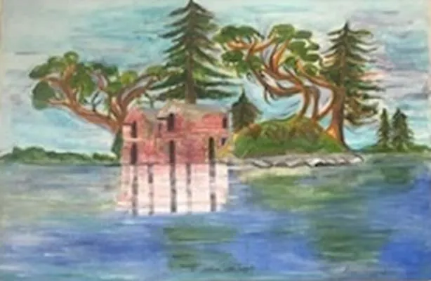 Painting of several colorful houses along a waterfront under a large sun