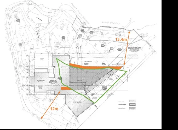 Detailed site plan diagram showing the proposed addition, existing structures, and setbacks of 12m and 13.4m from the natural boundary