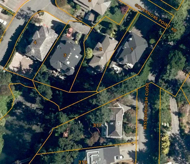 Aerial map showing property boundaries and house numbers for 1, 2, 3, and 4 Governors Point Rd and 317 Bessborough Close