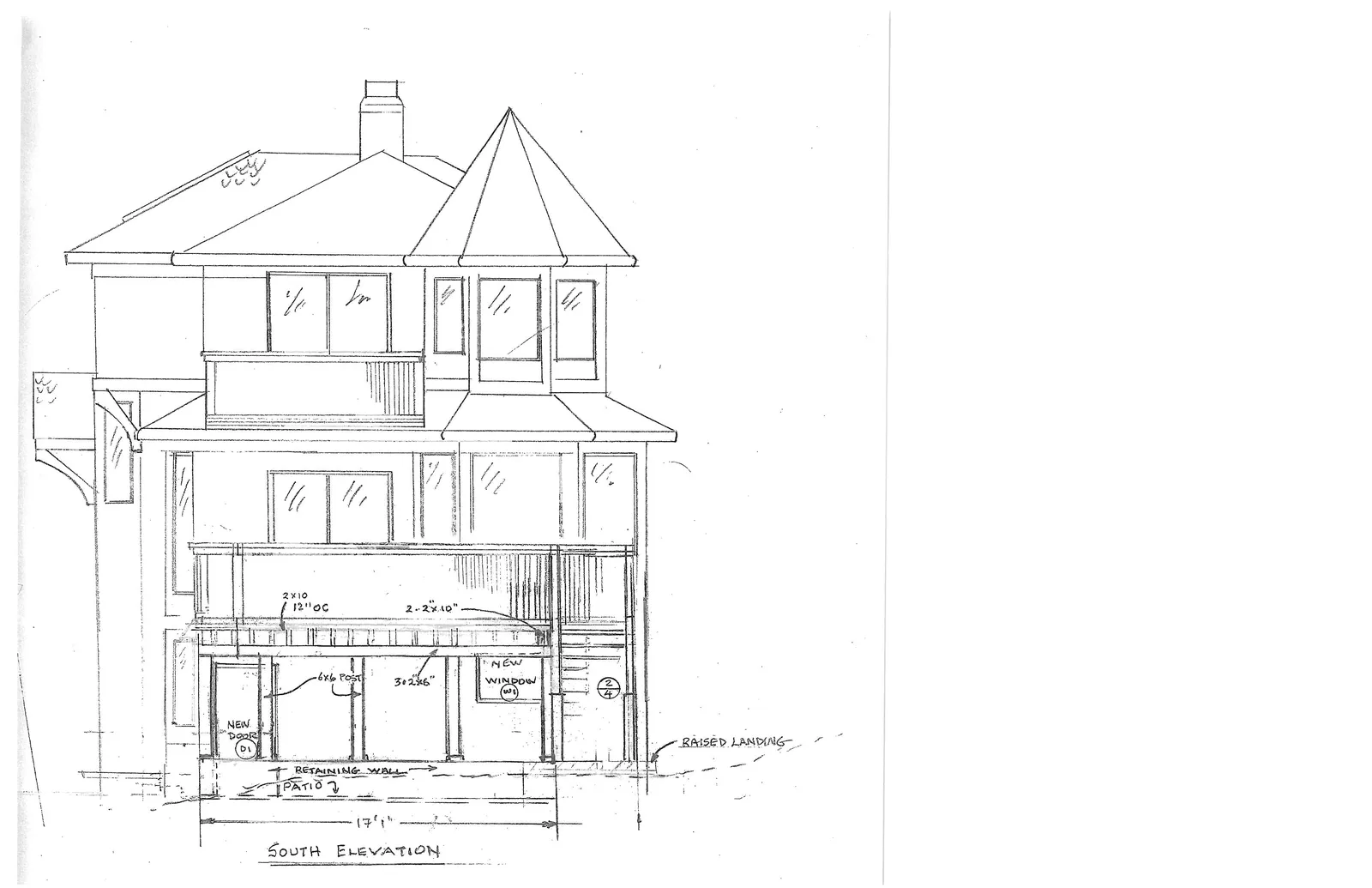 Architectural drawing titled "SOUTH ELEVATION" showing the rear or side profile of a multi-story house. The drawing features a turret, balconies, a ground-level patio area, and various structural annotations.