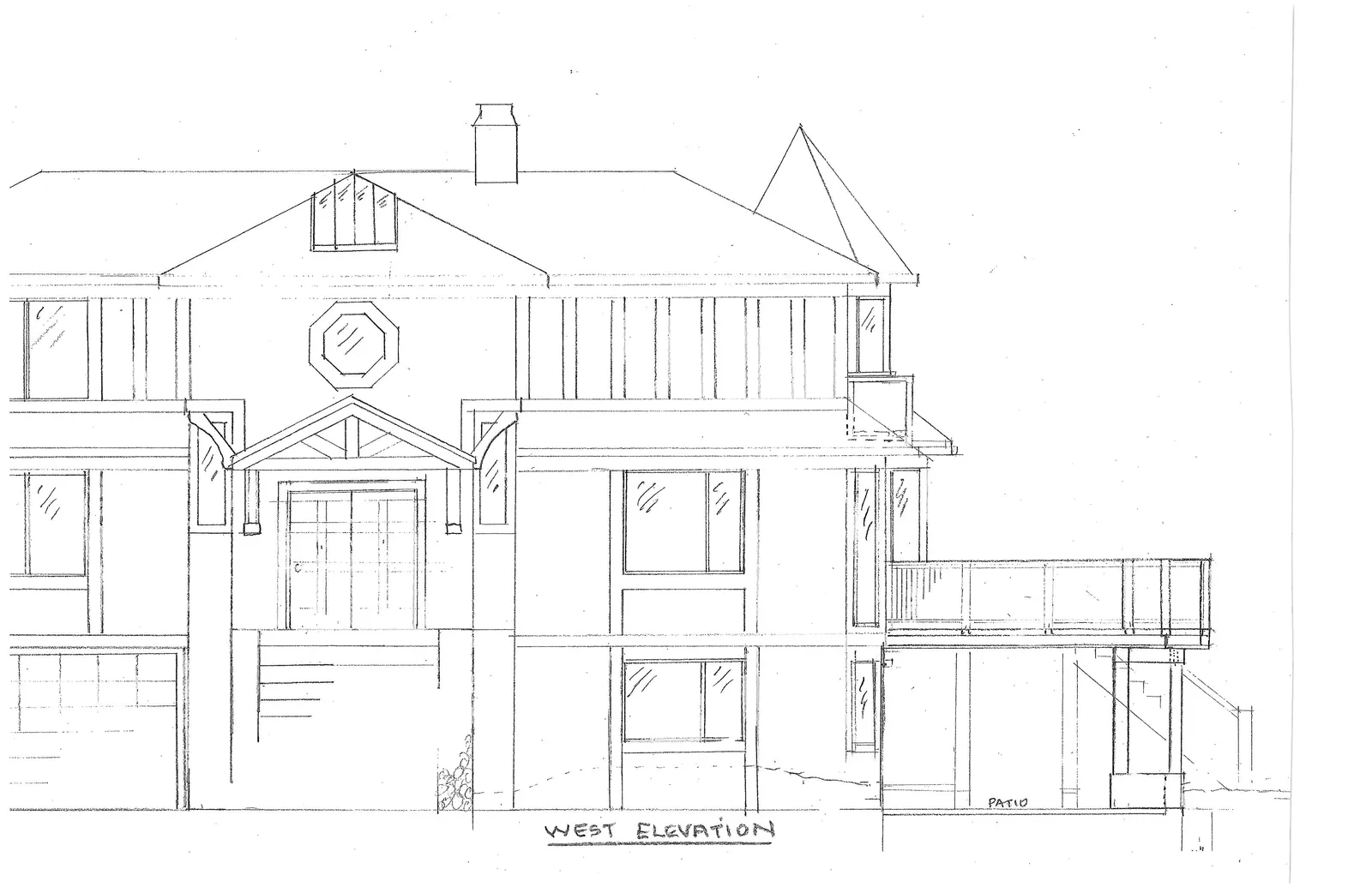 Hand-drawn architectural sketch of the West Elevation of a multi-story residence. The drawing includes details such as a garage door, main entrance with double doors and a gabled portico, an octagonal window above the entrance, a chimney, various window styles, and a raised deck area labeled "PATIO" with a railing.