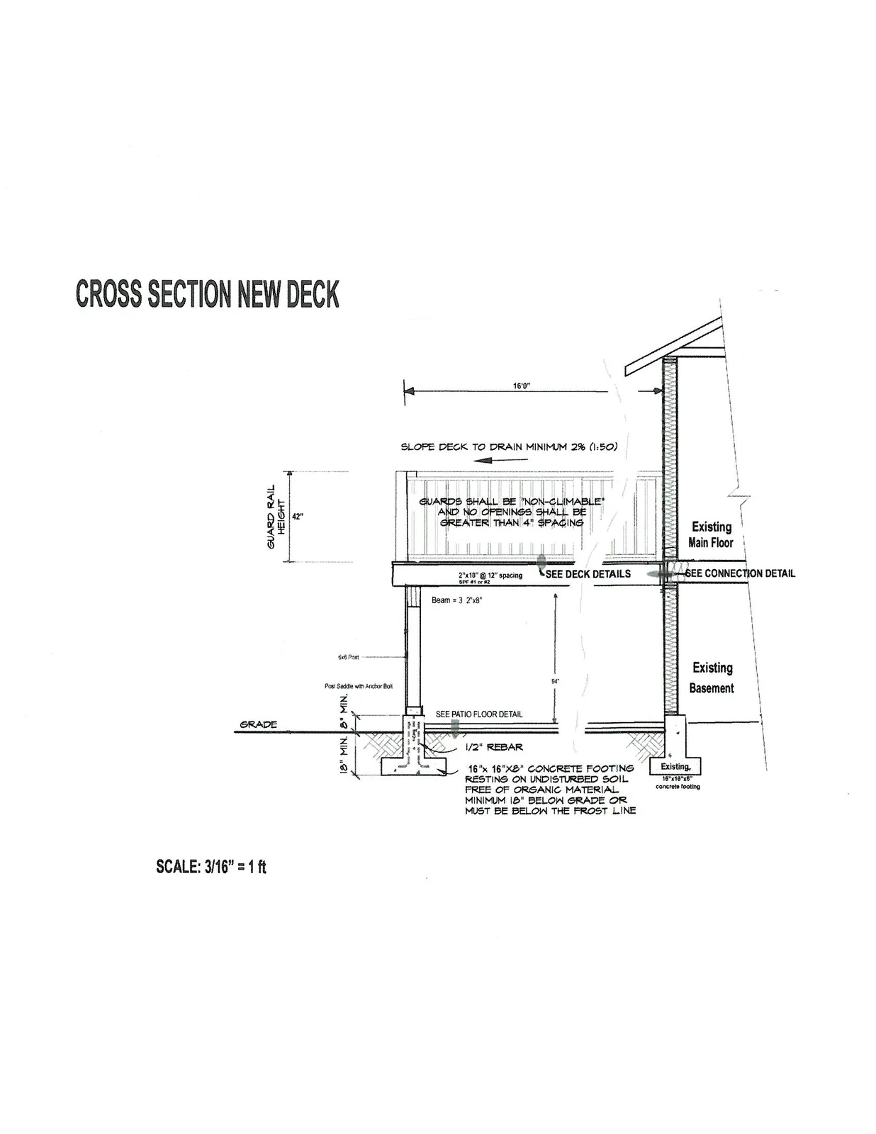Architectural cross-section drawing of a new deck attached to an existing residence, detailing structural components, dimensions, and building specifications.