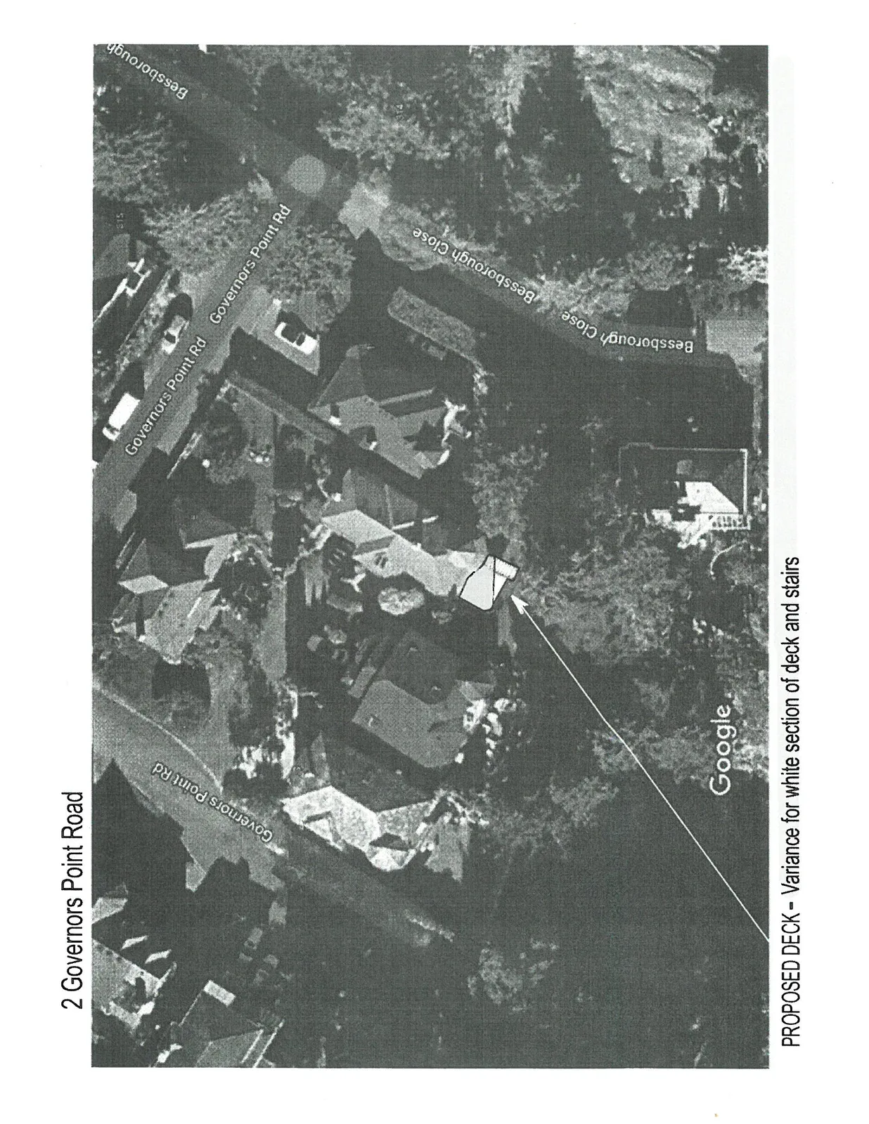 Aerial Google map view of 2 Governors Point Road with a white outlined area indicating a proposed deck and stairs location