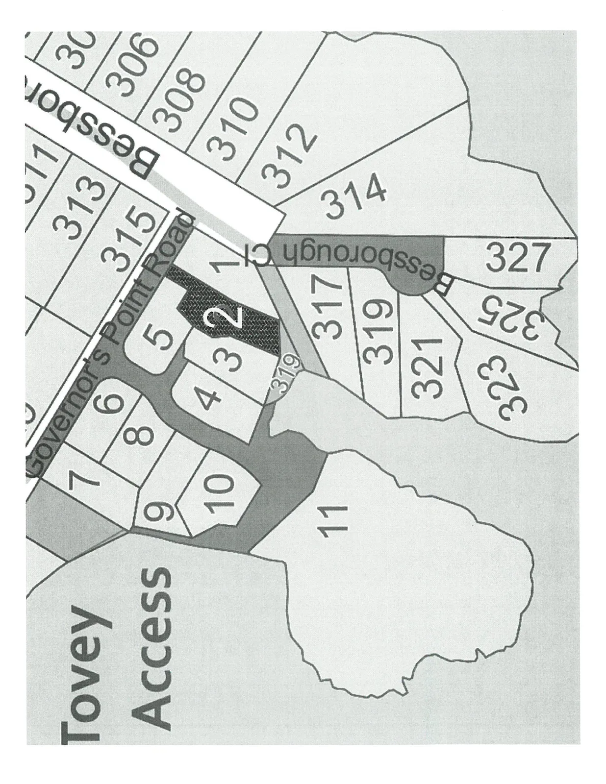 Map of residential lots along Governor's Point Road, Bessborough Court, and Tovey Access. Lot 2 on Governor's Point Road is shaded.