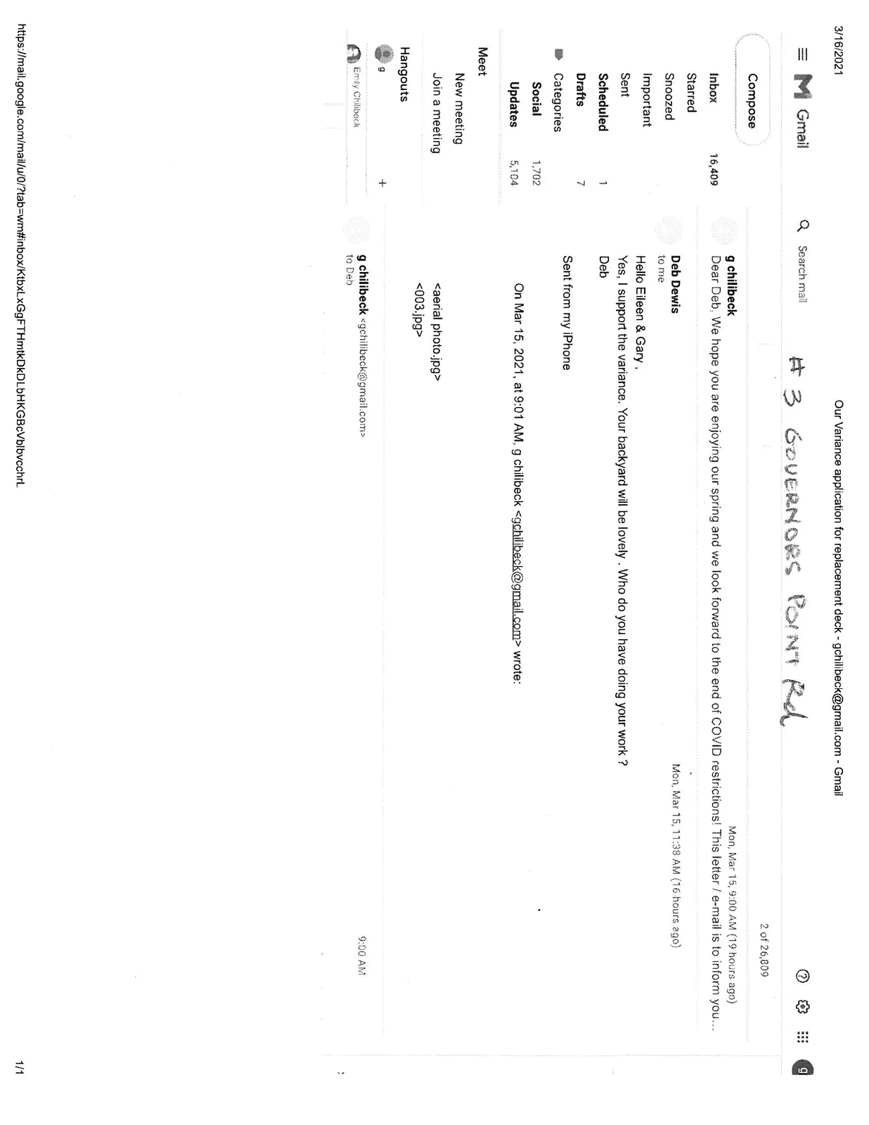 Screenshot of a Gmail email thread showing correspondence regarding a variance application for a property at 3 Governors Point Rd.