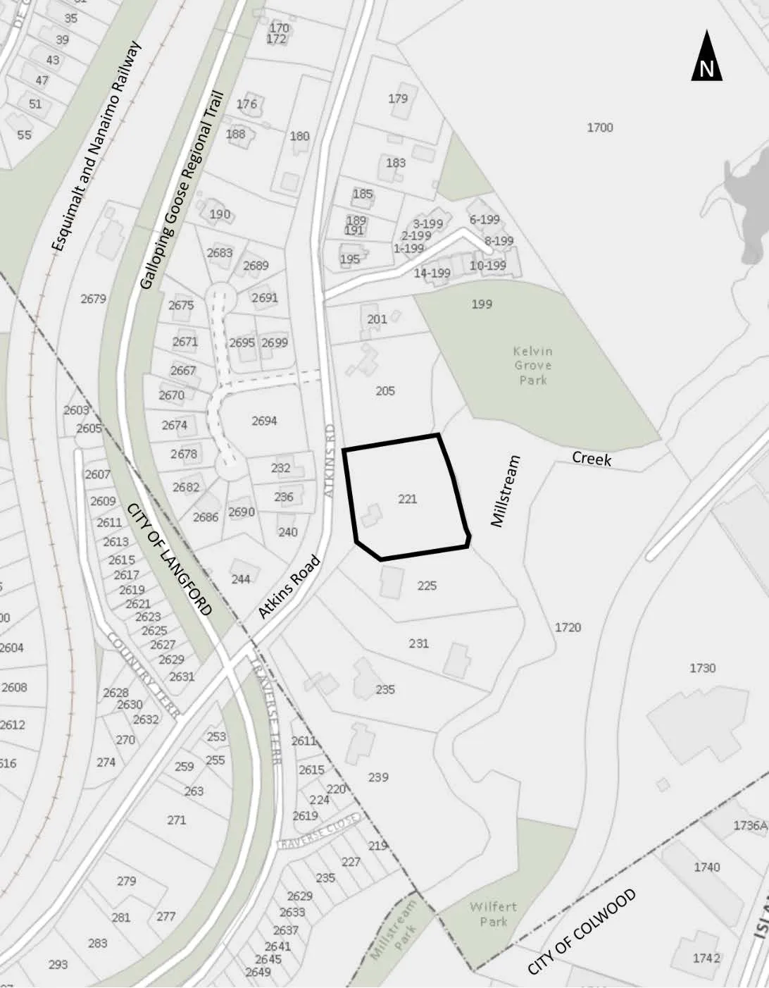 Location plan map for 221 Atkins Road, showing surrounding lots, Millstream Creek, Kelvin Grove Park, and the Galloping Goose Regional Trail.