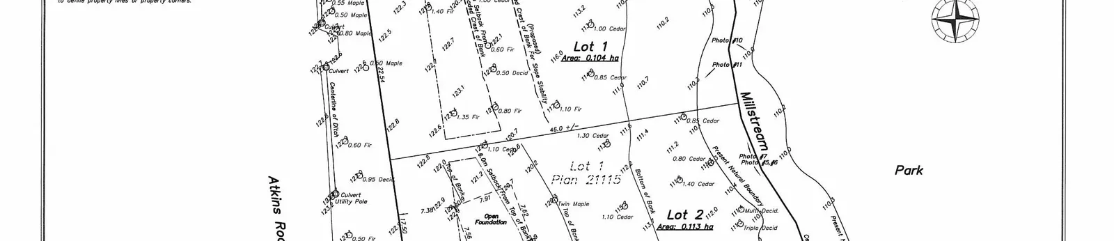 Middle portion of the site plan showing Lot 1 (Area: 0.104 ha) and Lot 2 (Area: 0.113 ha) bordering Millstream and Atkins Road.