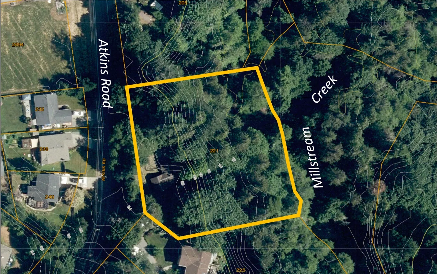 Aerial photograph of 221 Atkins Road showing property boundaries and topography