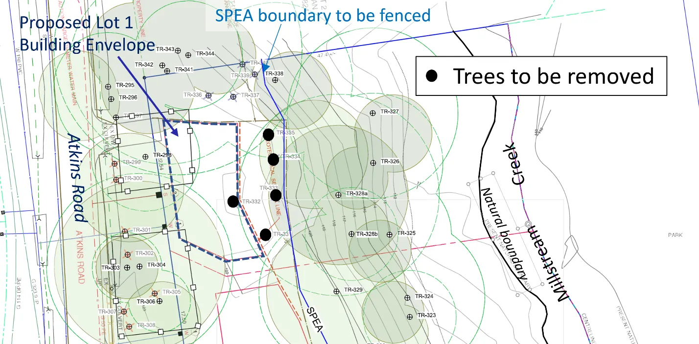 Detailed plan of Proposed Lot 1 Building Envelope and trees to be removed