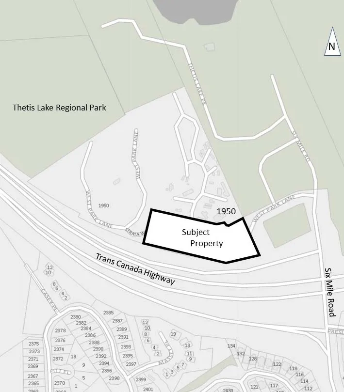 A location plan map identifying the Subject Property at 1910 West Park Lane, situated north of the Trans Canada Highway and adjacent to Thetis Lake Regional Park.