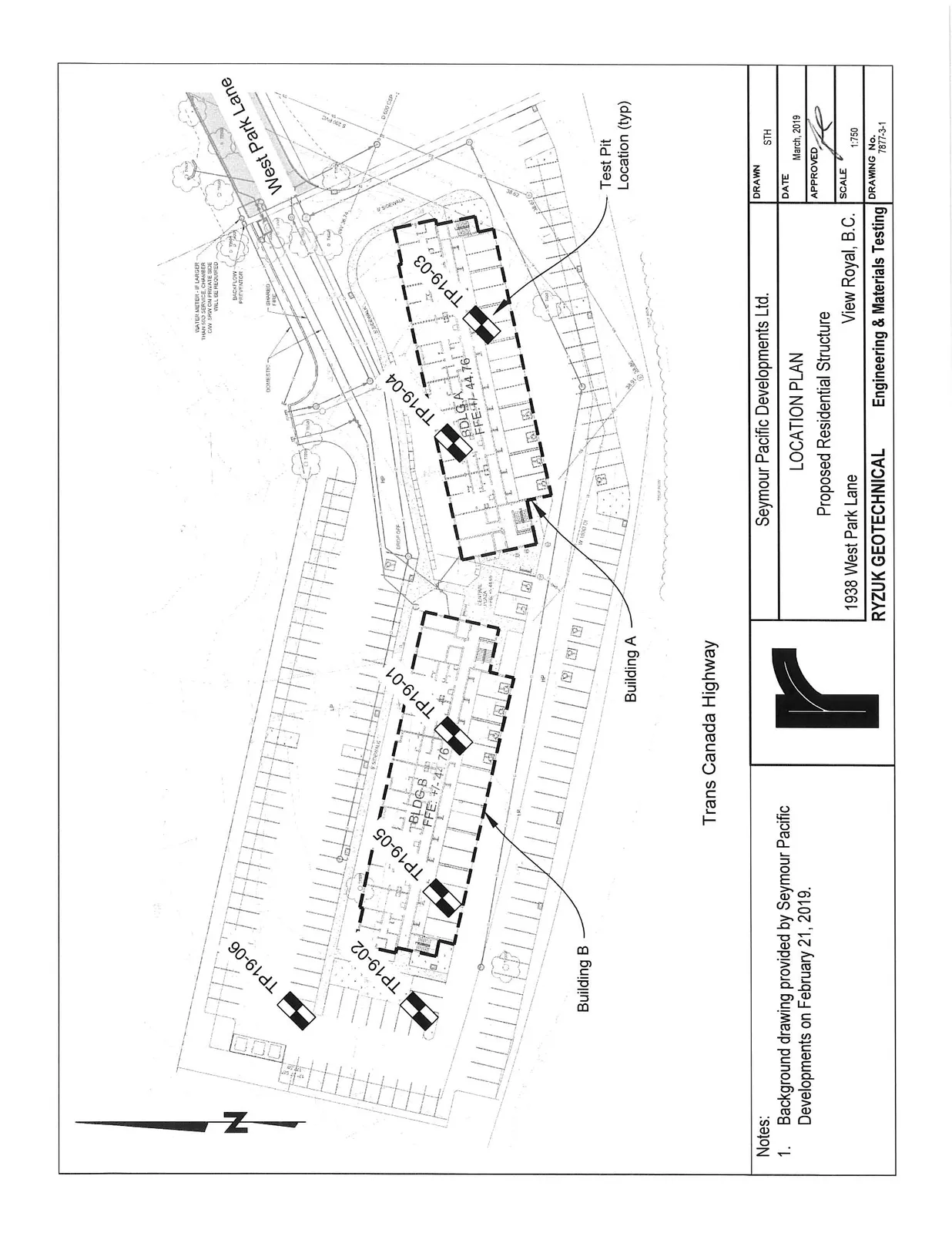 Location Plan showing property layout, Building A (FFE: +/- 44.76), Building B (FFE: +/- 42.76), West Park Lane, Trans Canada Highway, and Test Pit locations TP19-01 to TP19-06.