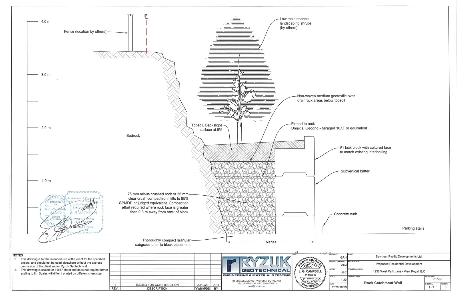 Technical cross-section drawing of a Rock Catchment Wall design showing bedrock, reinforced fill with geogrid, lock blocks, and landscaping above parking stalls.