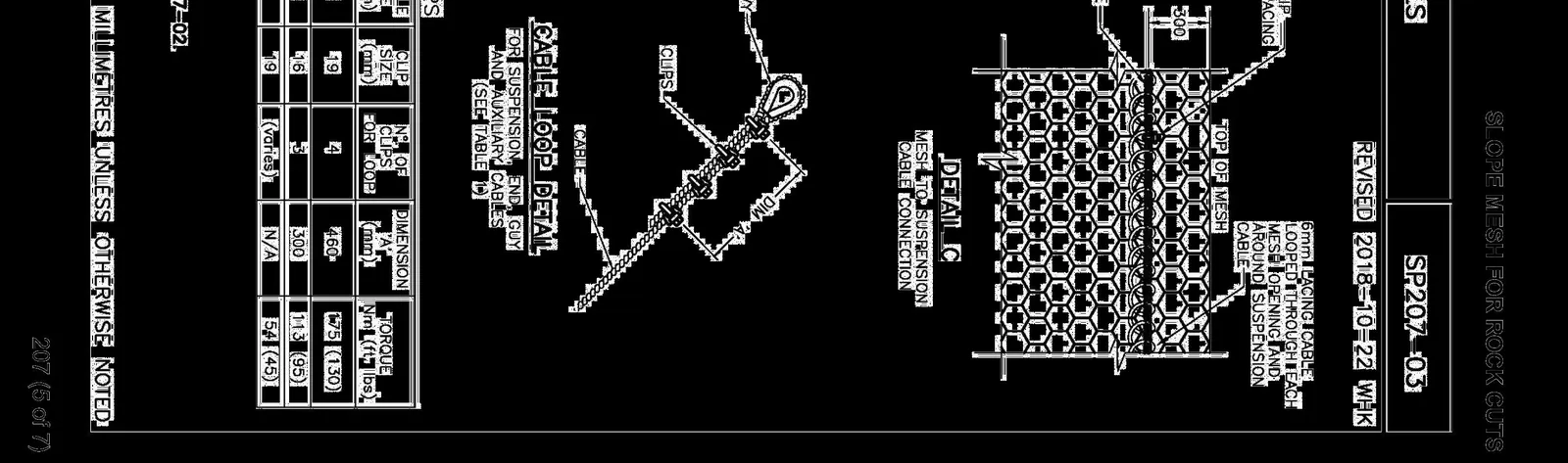 Detail C showing mesh to suspension cable connection and Cable Loop Detail for suspension, end, guy and auxiliary cables