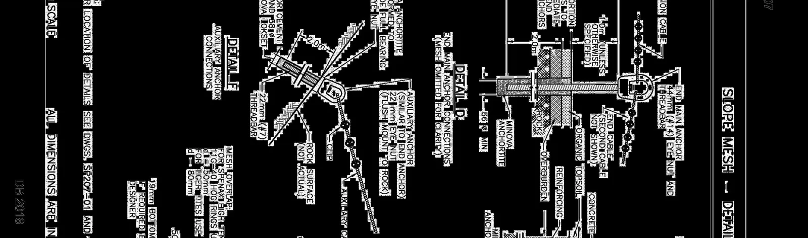 Detail D showing end main anchor connections and Detail F showing auxiliary anchor connections