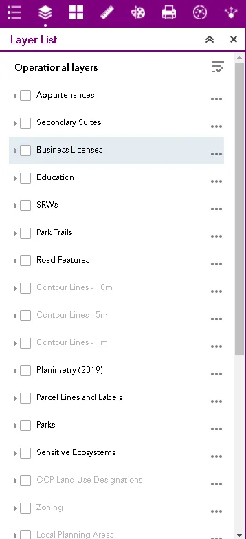 Development Services GIS viewer layer list showing operational layers like Business Licenses, Education, and Zoning