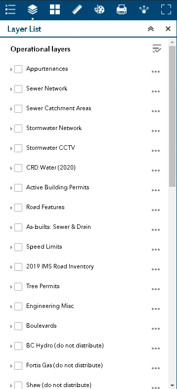 Engineering GIS viewer layer list showing operational layers like Sewer Network, Stormwater Network, and Tree Permits