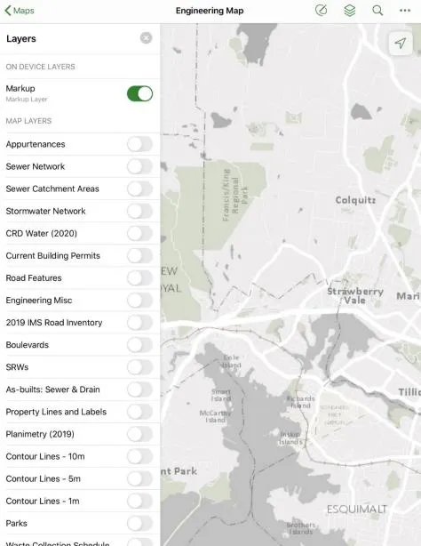 Mobile interface of the Engineering Map showing various layers and a map of the View Royal area