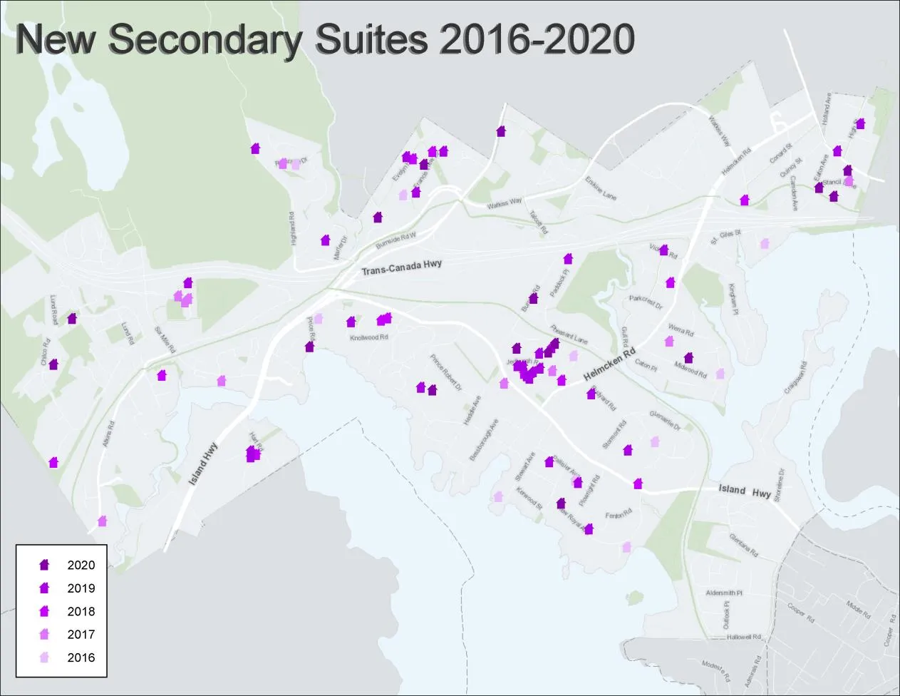 Map titled New Secondary Suites 2016-2020 showing the distribution of new suites across the municipality