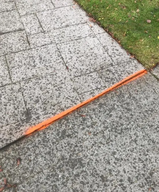 Photograph of a sidewalk heave marked with orange paint for inspection