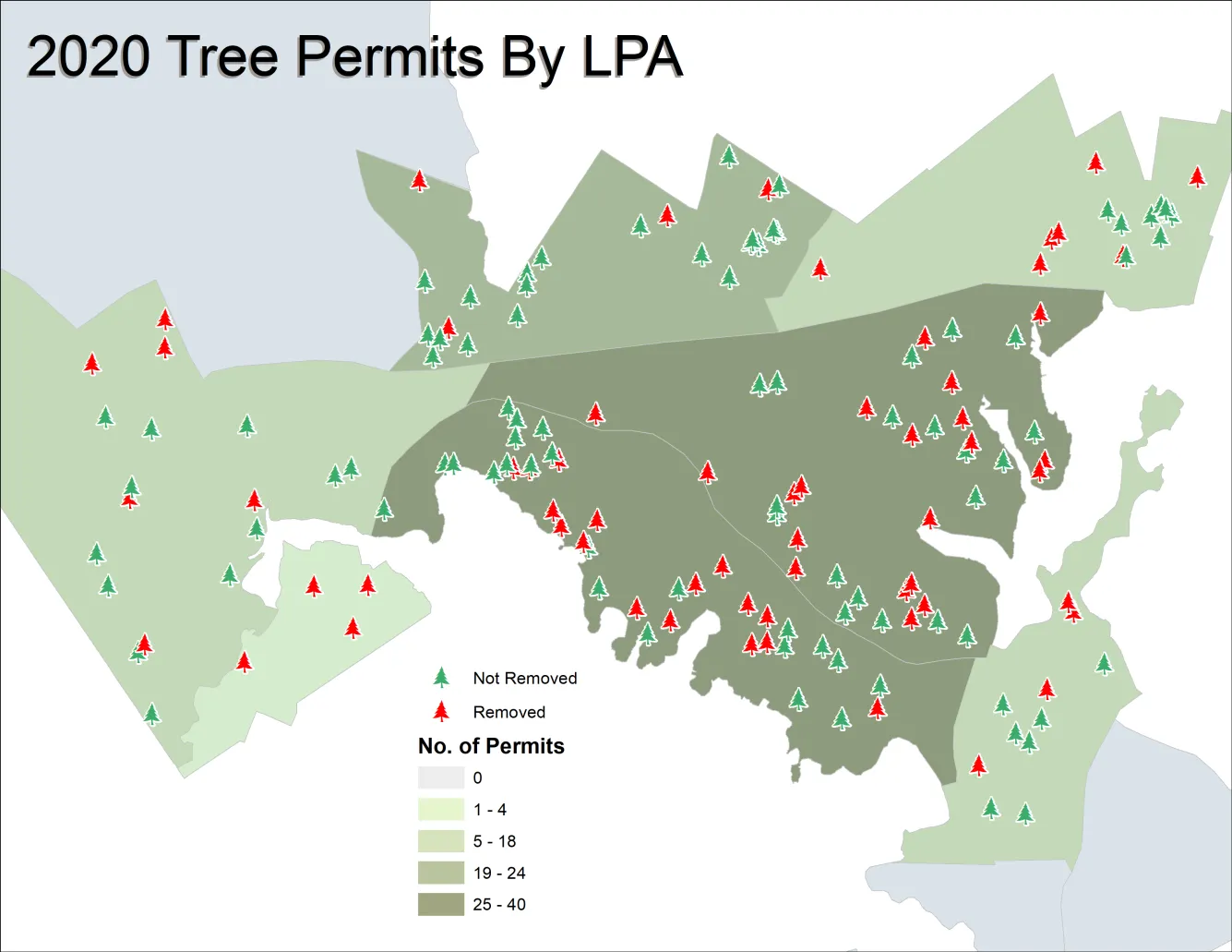 Map titled 2020 Tree Permits By LPA showing tree removal status and permit density by area
