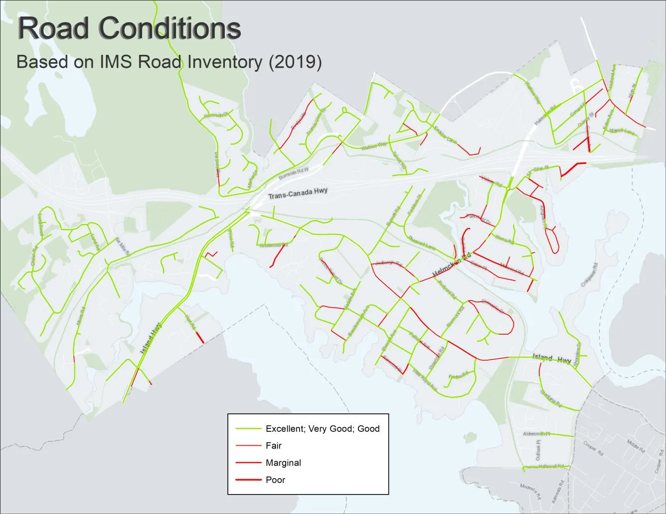 Map titled Road Conditions based on IMS Road Inventory (2019) color-coded by condition from Excellent to Poor