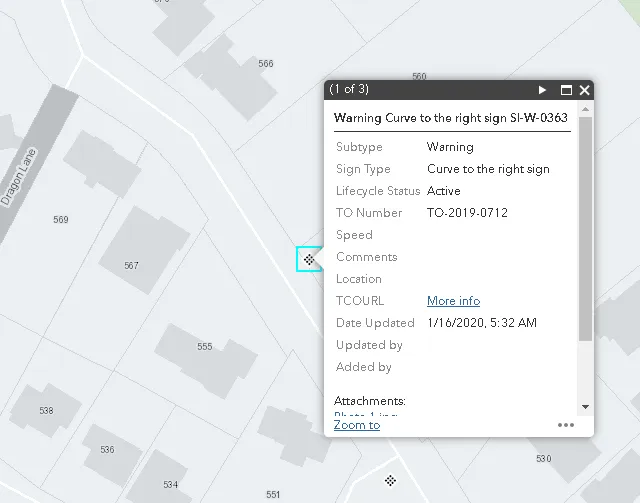 GIS interface showing a pop-up for a "Warning Curve to the right sign SI-W-0363" linked to Traffic Order TO-2019-0712