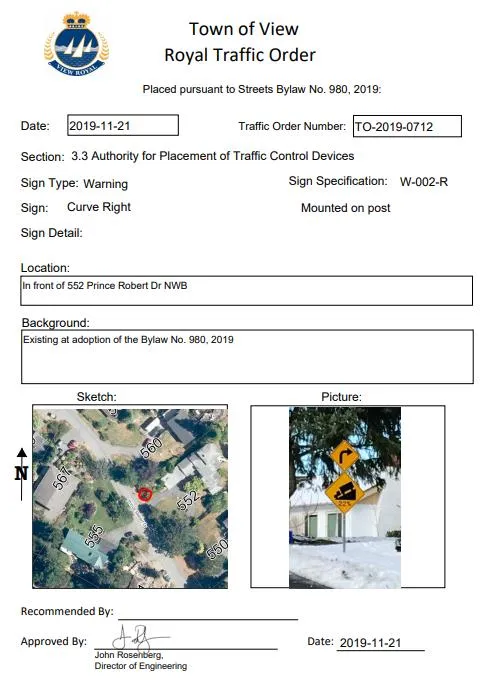 Official Town of View Royal Traffic Order document TO-2019-0712 for the placement of a curve right warning sign