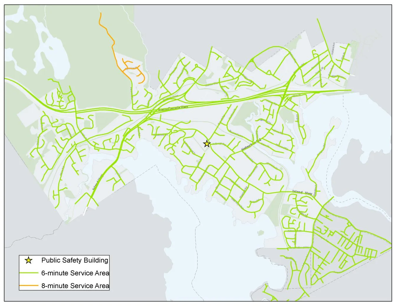 Map showing 6-minute and 8-minute fire service response areas from the Public Safety Building