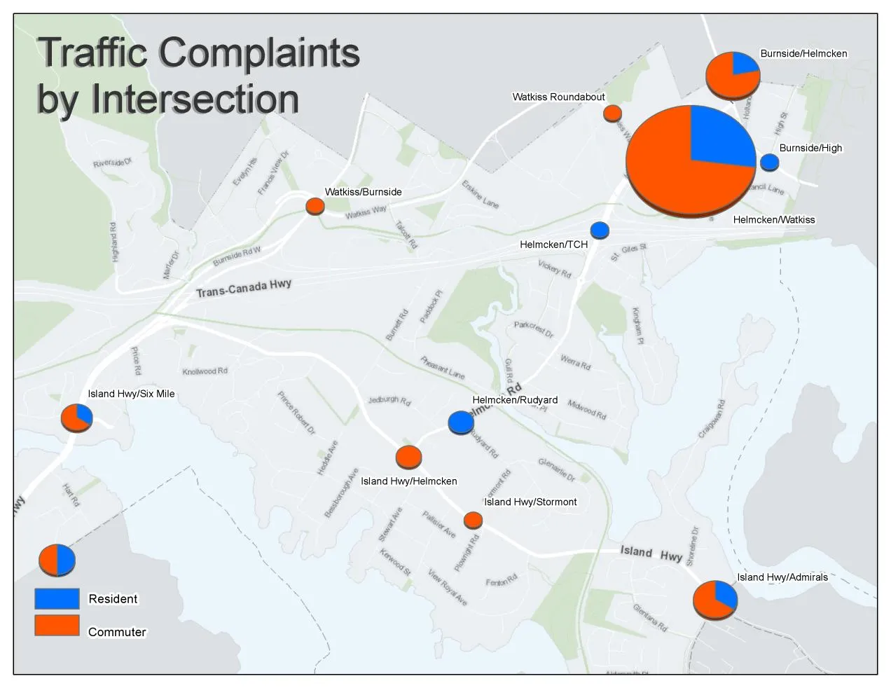 Map titled Traffic Complaints by Intersection with pie charts showing the ratio of Resident vs. Commuter complaints at various locations