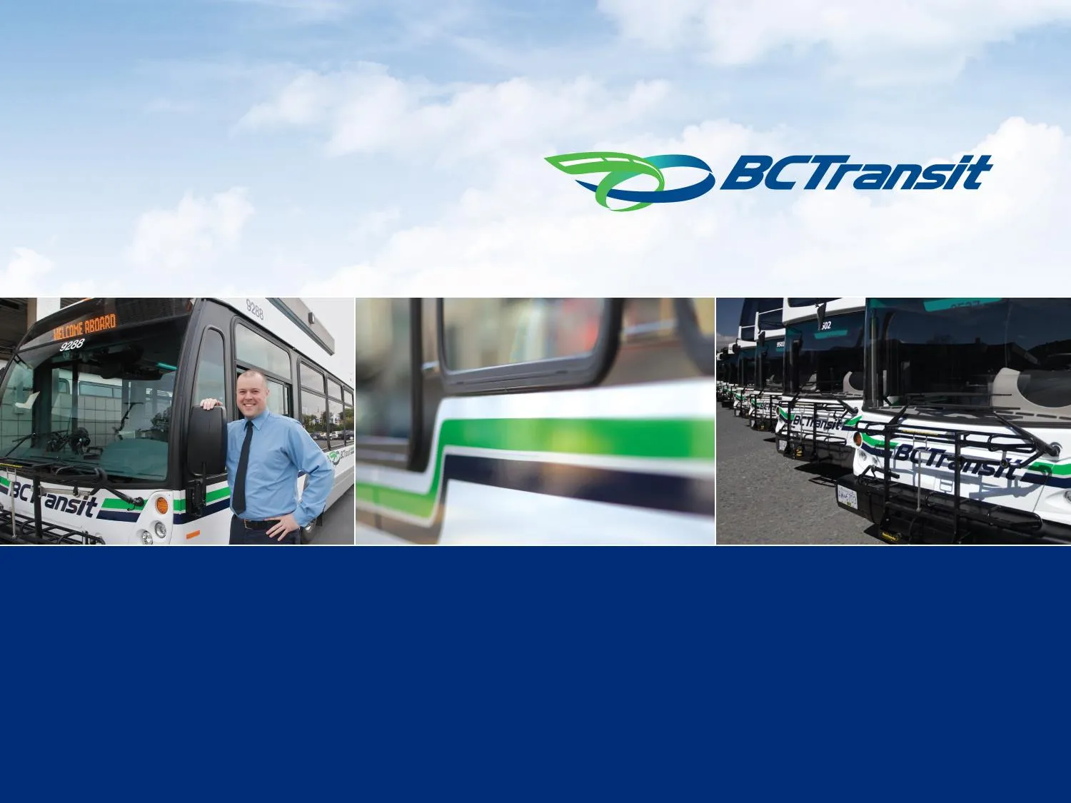 Collage showing a BC Transit operator with a bus, a close-up of bus livery, and a line of buses in a yard.
