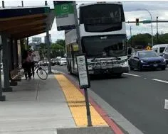 A modern bus shelter under a concrete retaining wall.