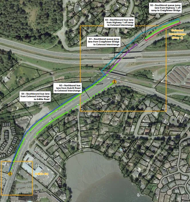 Aerial map of the Goldstream Intersection showing a northbound queue jump lane.