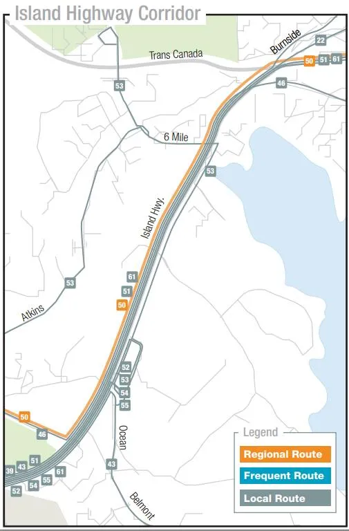 Detailed map of the Island Highway Corridor showing Regional, Frequent, and Local transit routes.