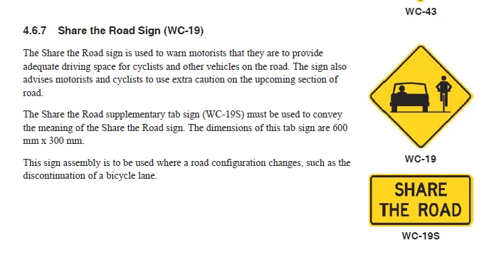 Technical diagrams for road signs WC-43, WC-19 showing a car and cyclist symbol, and WC-19S with the text "SHARE THE ROAD"